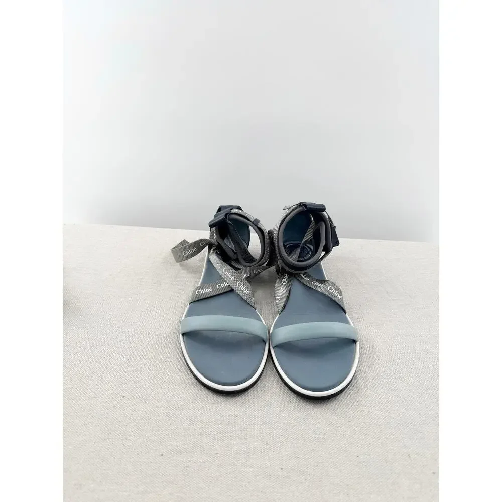 Chloé Sporty Logo Slip On Ankle Strap Flat Sandal Light Blue Women's EU 39 1/2
